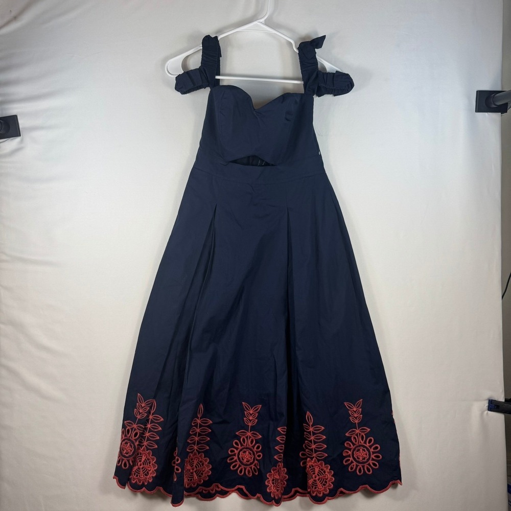 Rachel Roy Navy Blue Red Floral Eyelet Embroidered Cutout Midi Dress Size 0